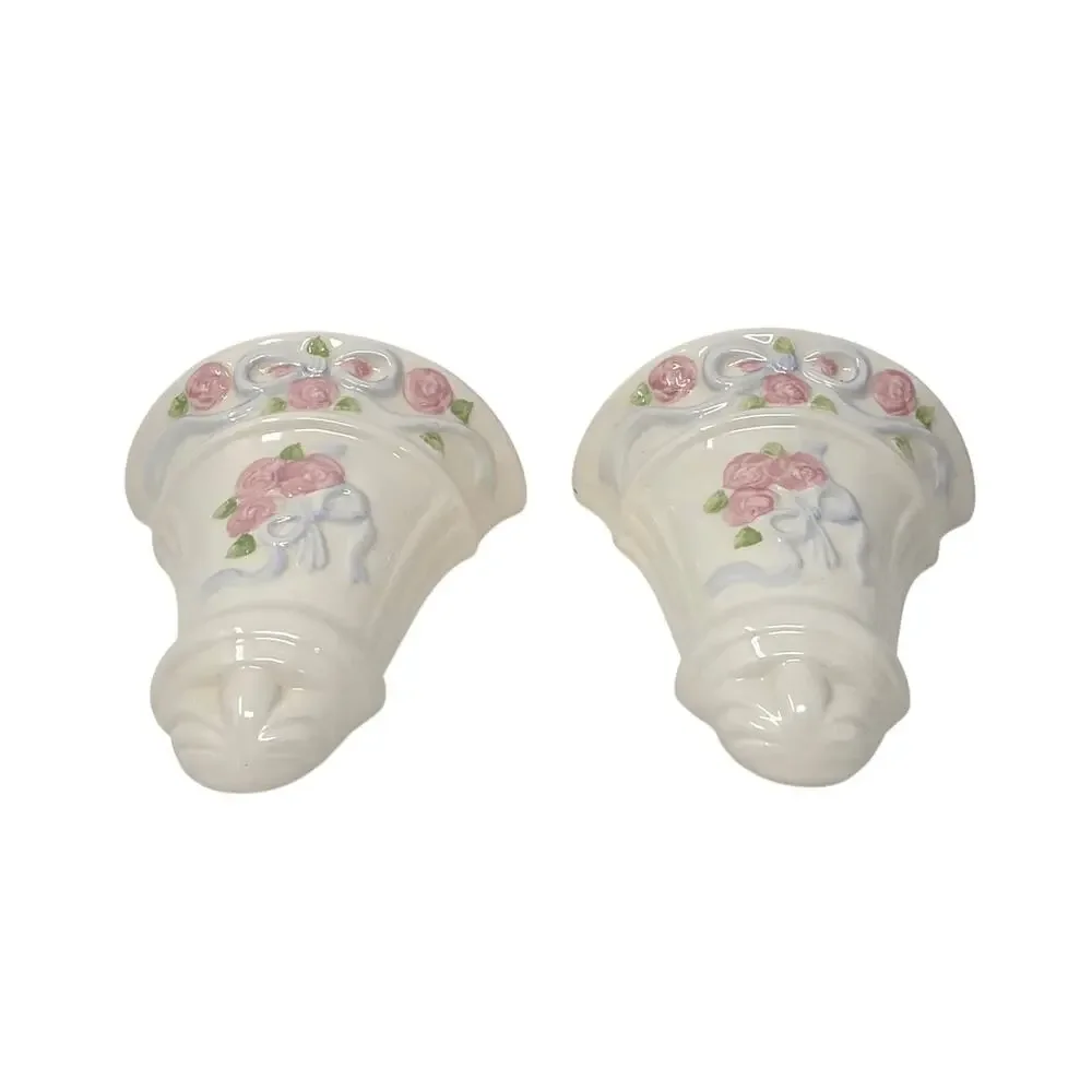 Pair Vintage Ceramic Wall Pocket Vases Pink Roses Blue Bows Cottage Decor